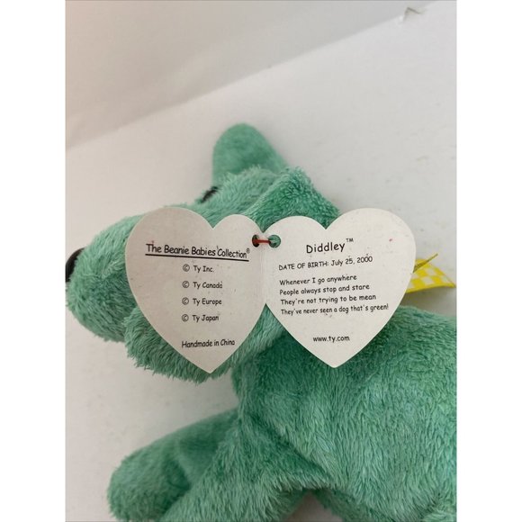 Ty Beanie Baby DIDDLEY Green Dog Yellow Bow Retired - Picture 9 of 13